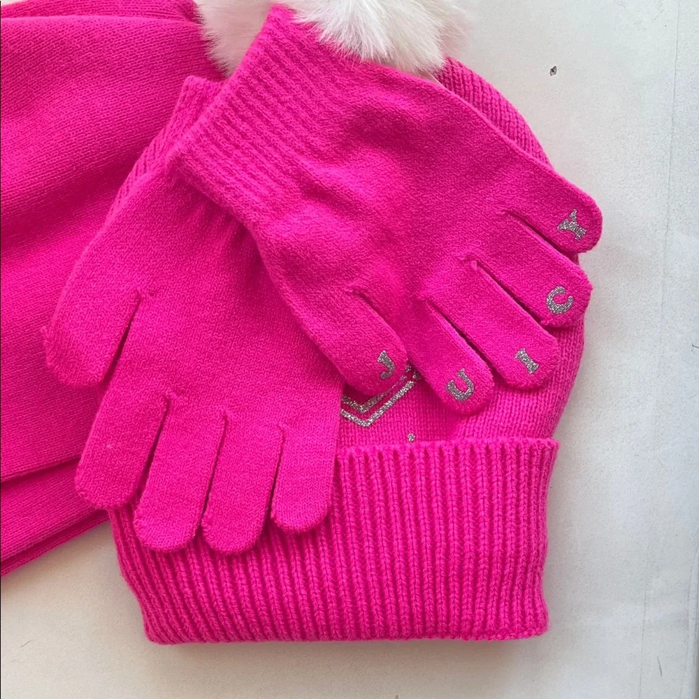 Juicy Couture Pink and Silver Kids Hat, scarf, and Glove Set
